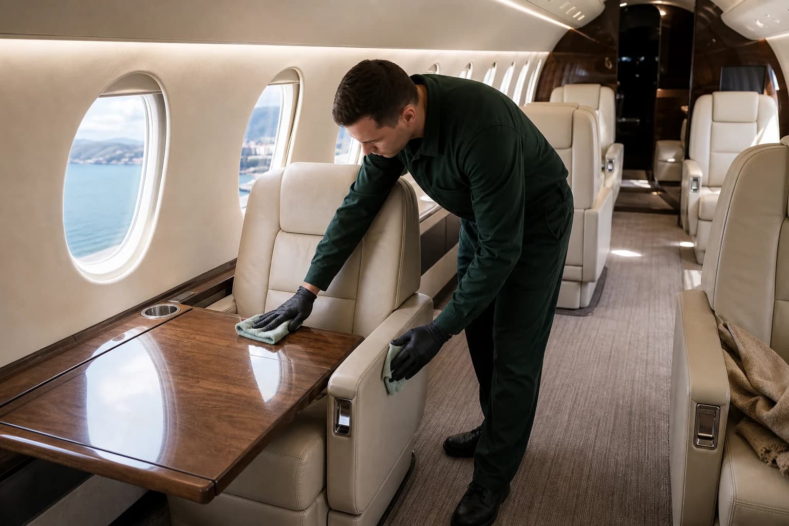Préparation des tables et assises dans la cabine d’un jet privé