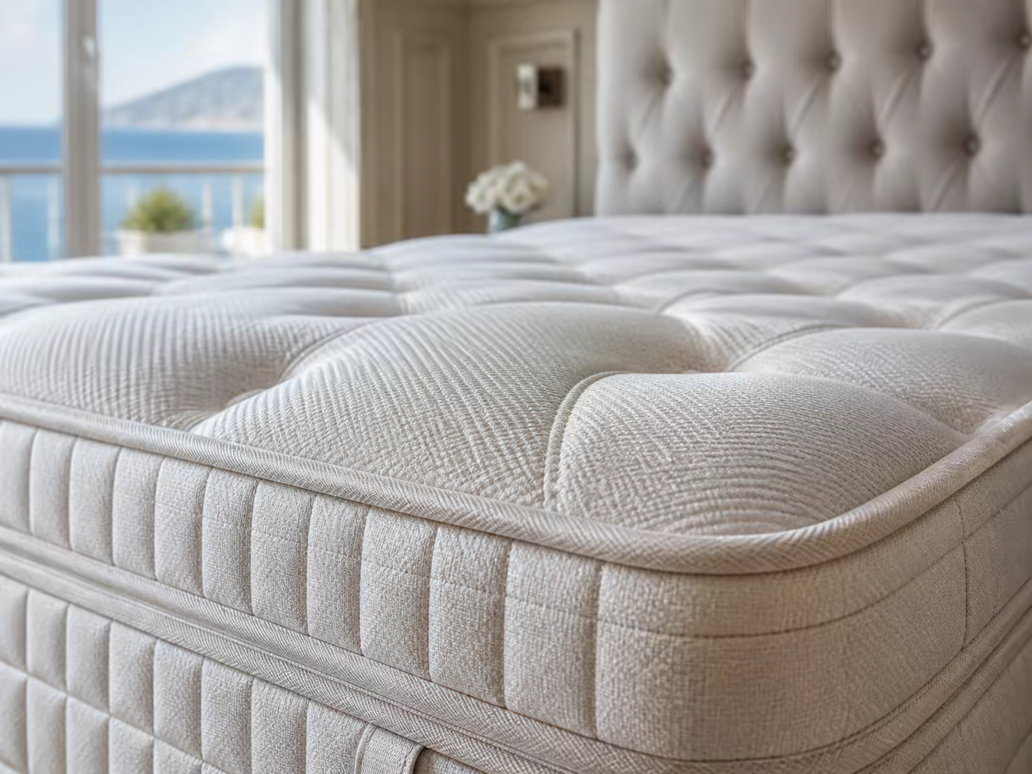 Détail du matelassage, du passepoil et des coutures d’un matelas