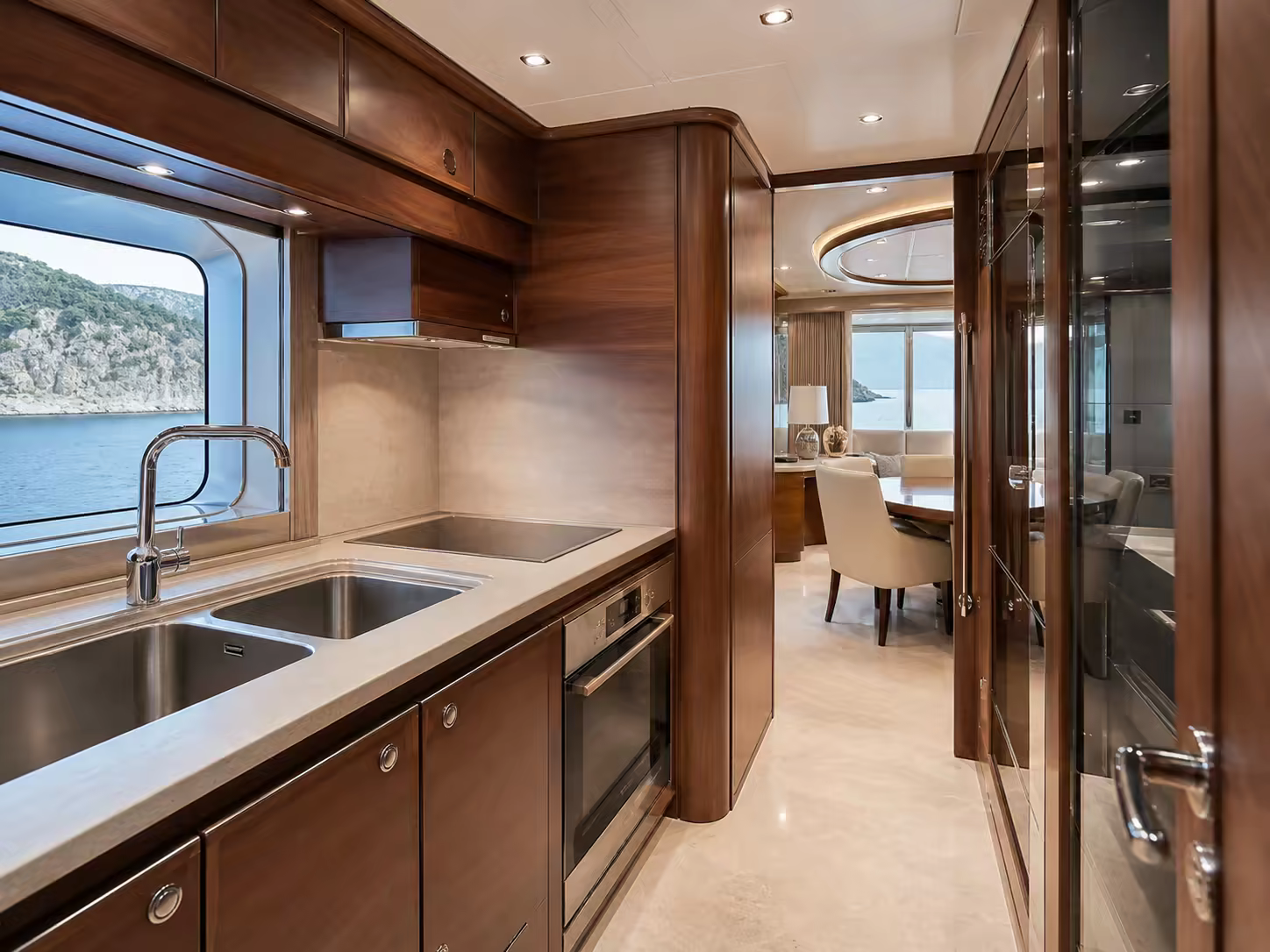 Galley, surfaces vitrées et salle à manger d’un yacht