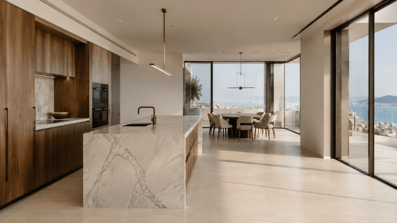 Cuisine contemporaine avec îlot en marbre, façades en noyer et sol en pierre naturelle
