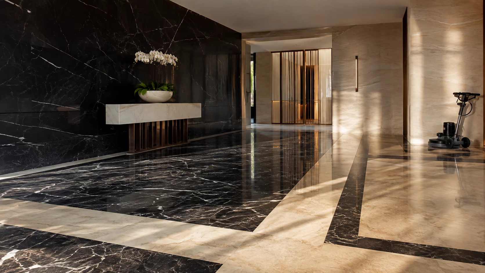Hall élégant avec un sol en marbre noir et crème aux reflets lumineux