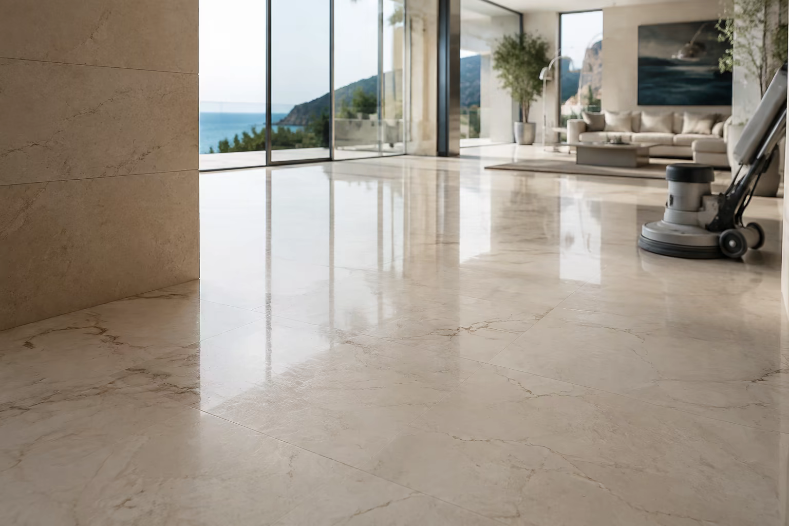 Sol en marbre clair et grandes baies vitrées dans un intérieur méditerranéen