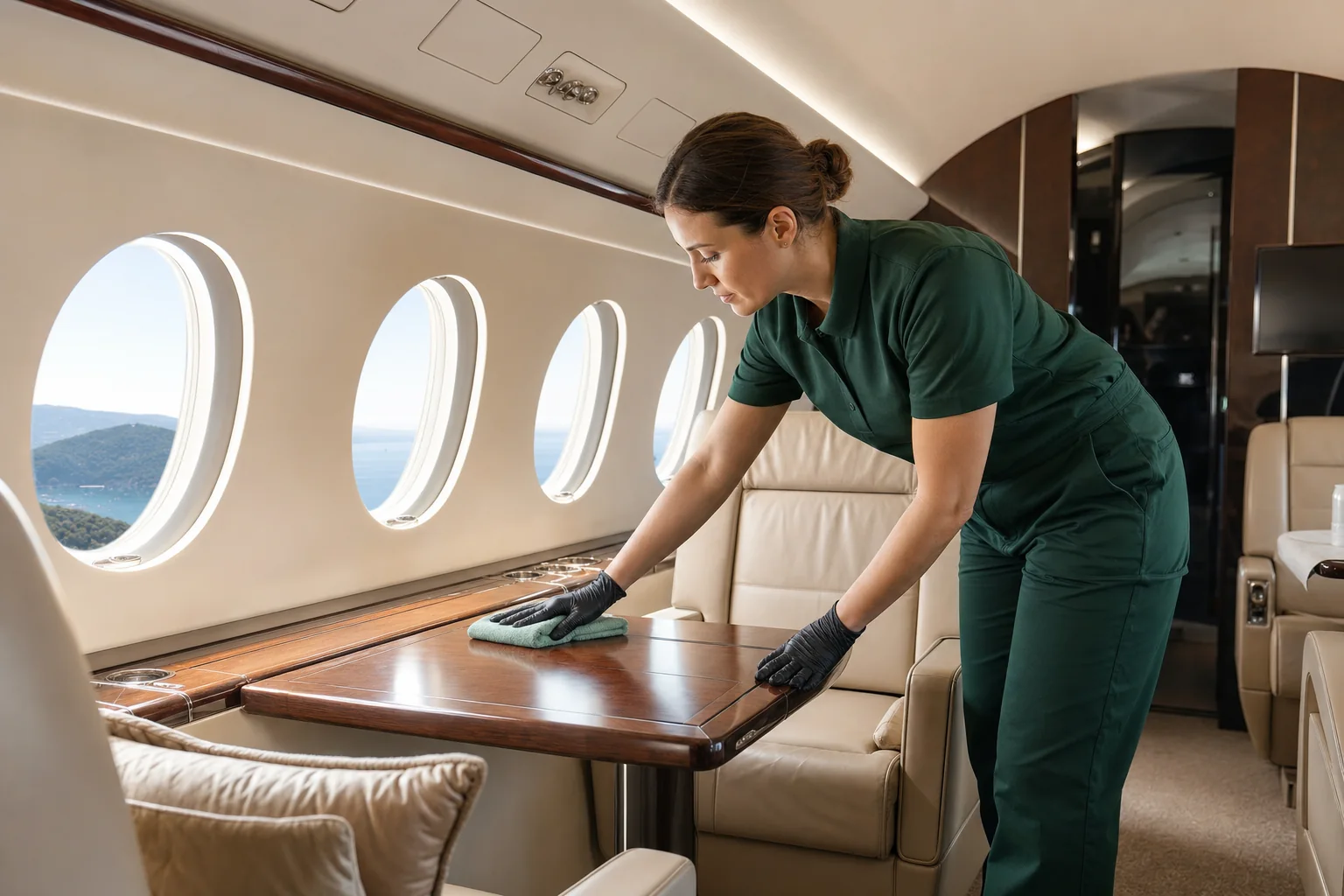 Professionista che pulisce la cabina di un jet privato prima della partenza