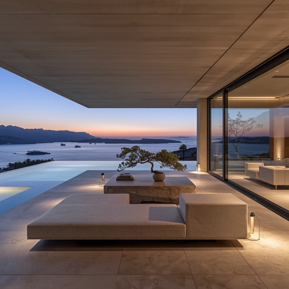 Terrasse de villa sobre et nette face à la mer