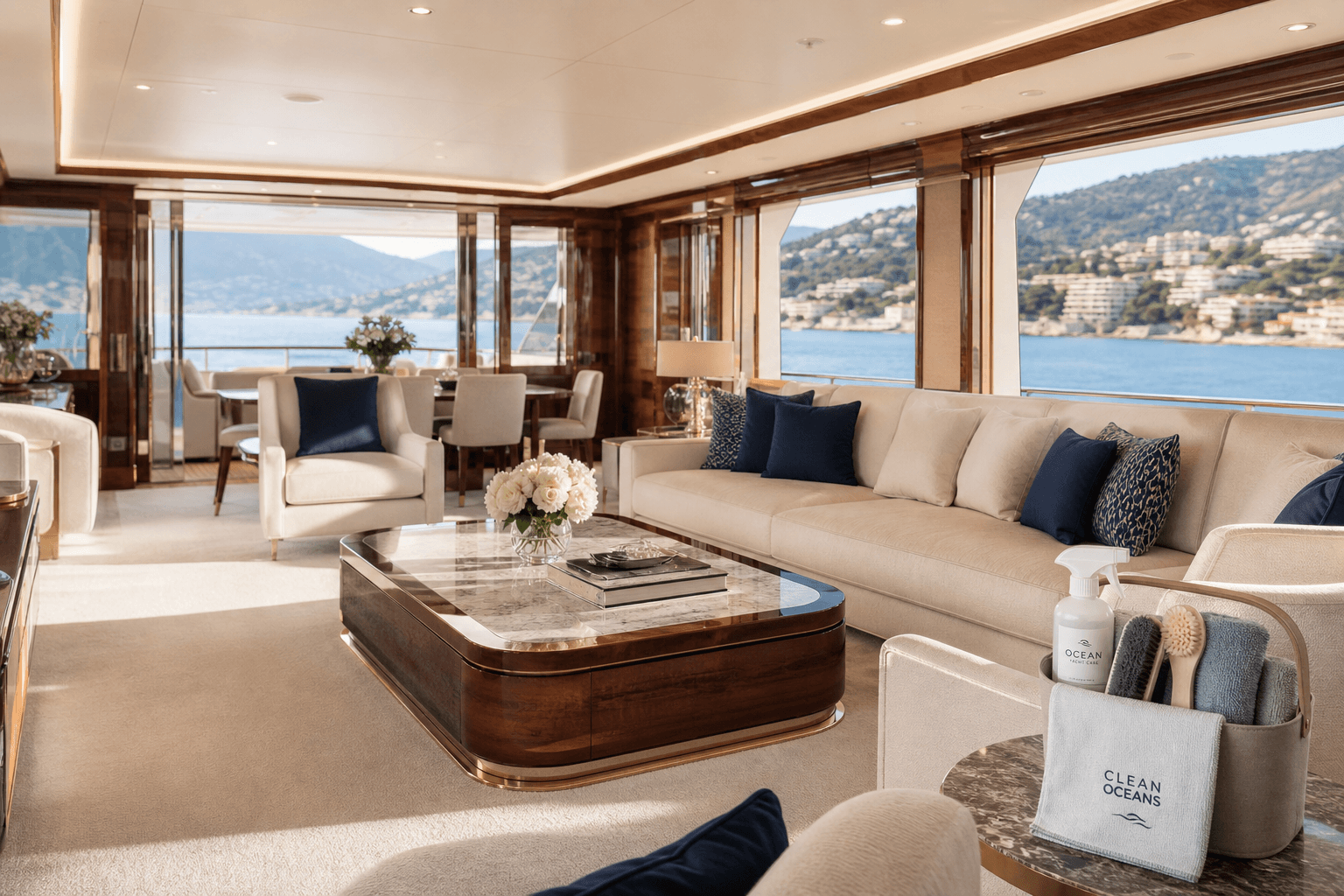 Professional yacht interior cleaning on the French Riviera